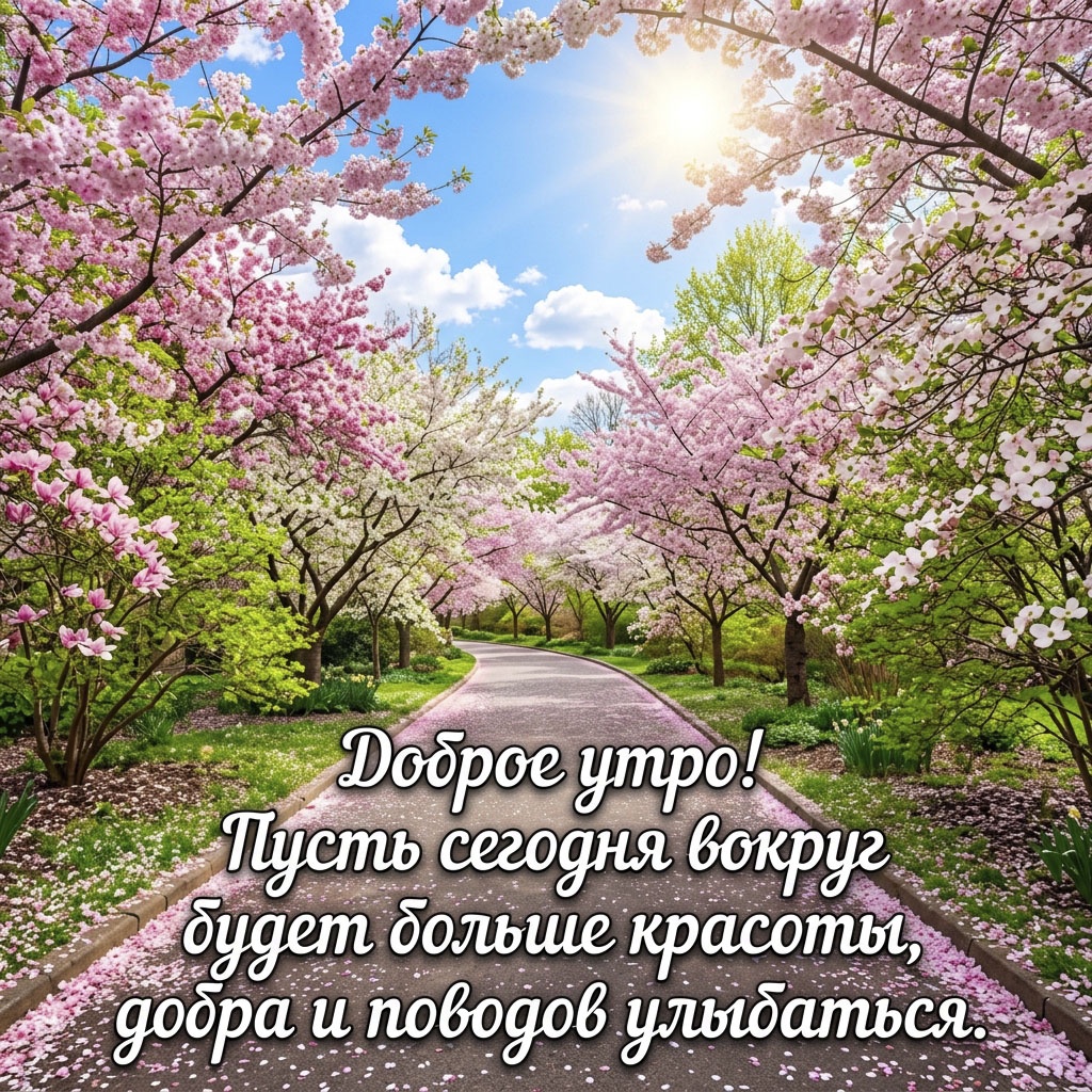 Открытка с цветущими деревьями вдоль дорожки и текстом: "Доброе утро! Пусть сегодня вокруг будет больше красоты, добра и поводов улыбаться."