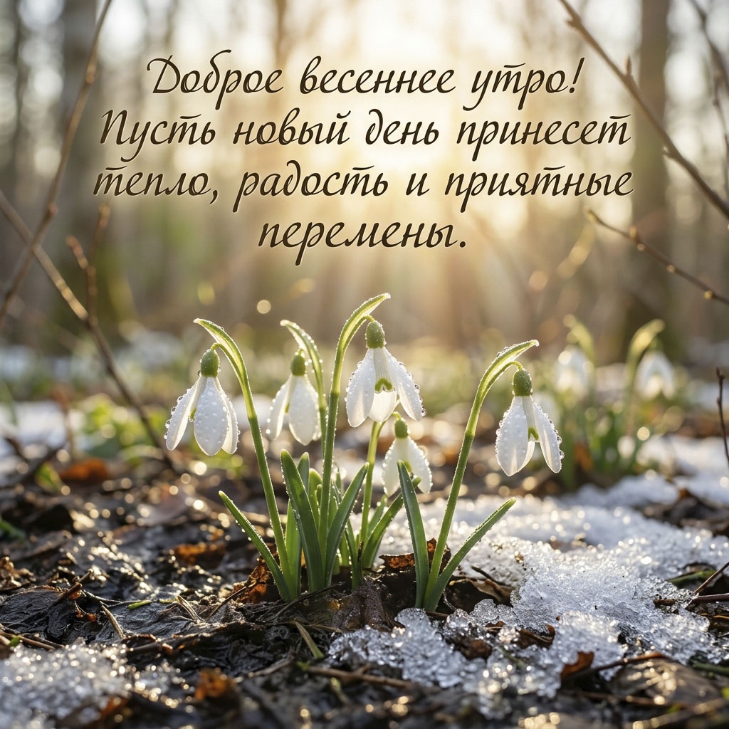 Открытка с подснежниками среди тающего снега и текстом: "Доброе весеннее утро! Пусть новый день принесет тепло, радость и приятные перемены."