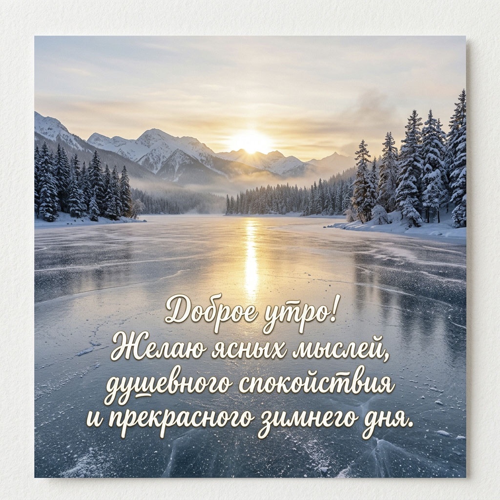 Открытка с заснеженными горами, хвойным лесом и отражением солнца на льду озера, с текстом: "Доброе утро! Желаю ясных мыслей, душевного спокойствия и прекрасного зимнего дня."