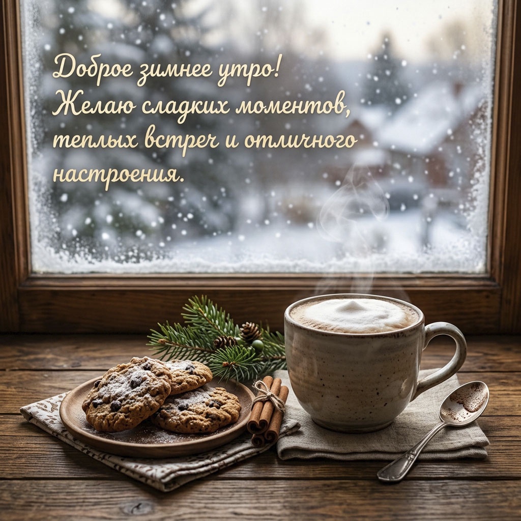 Открытка с чашкой капучино, овсяным печеньем, еловой веткой и текстом: "Доброе зимнее утро! Желаю сладких моментов, теплых встреч и отличного настроения."