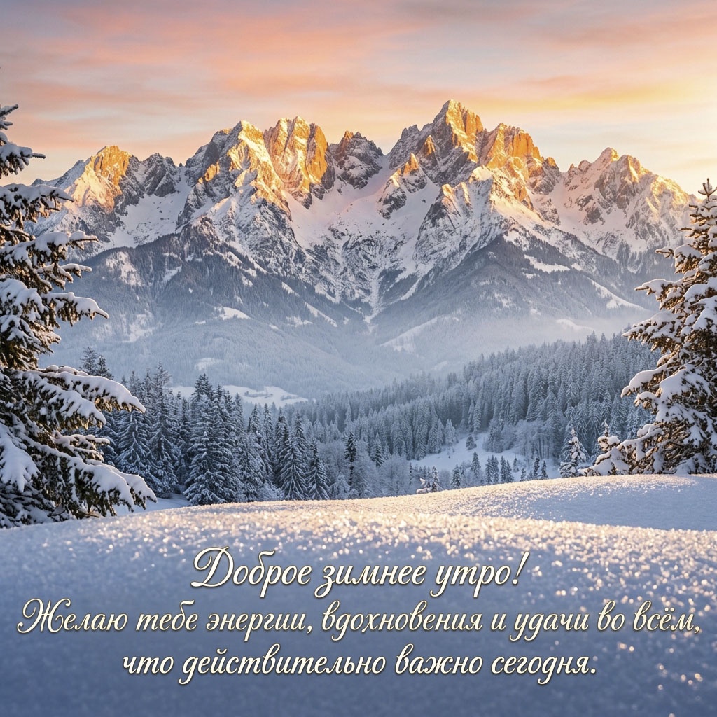 Открытка с заснеженными горными вершинами в лучах рассвета, хвойным лесом и текстом: "Доброе зимнее утро! Желаю тебе энергии, вдохновения и удачи во всем, что действительно важно сегодня."