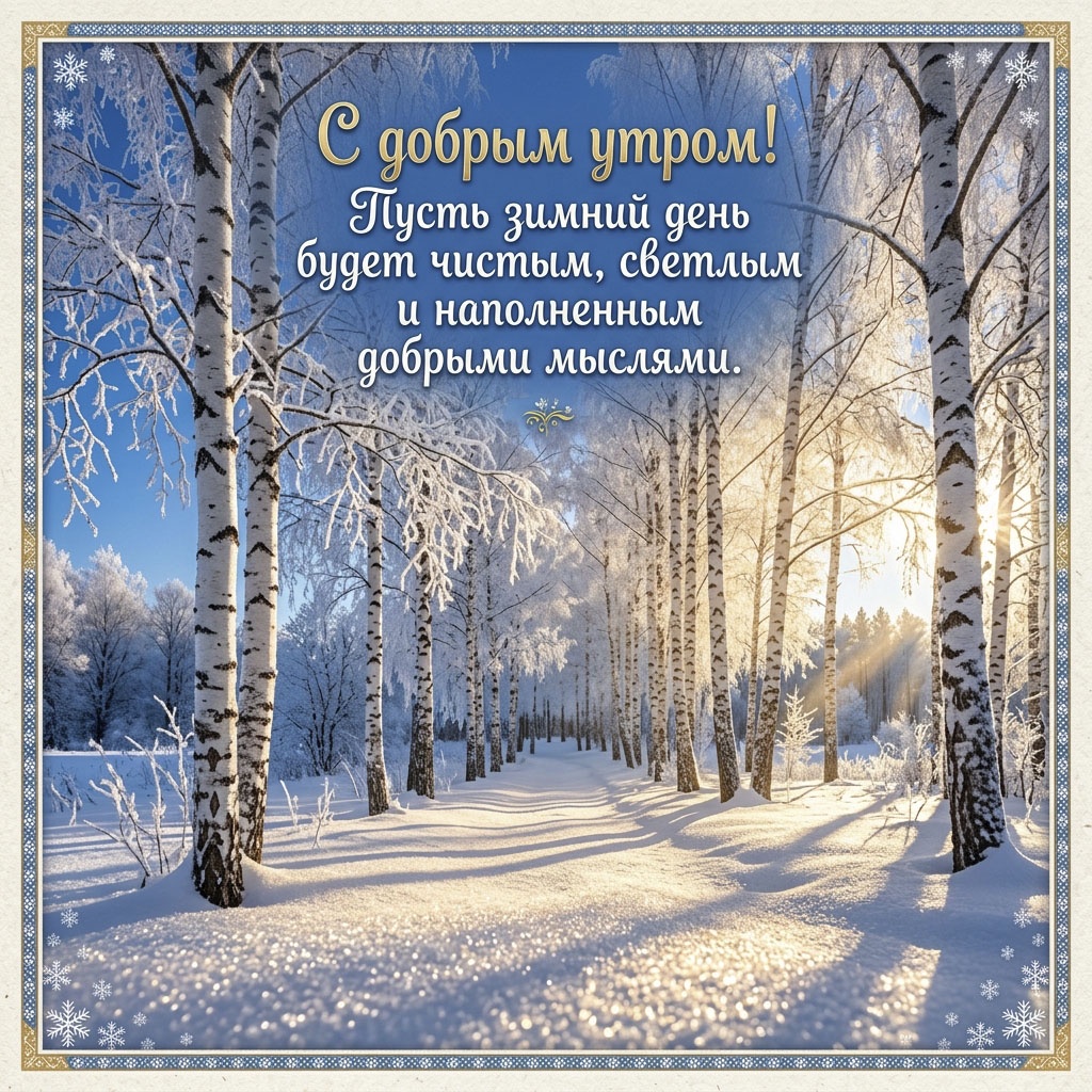 Открытка с заснеженной березовой рощей, солнечными лучами сквозь деревья и текстом: "С добрым утром! Пусть зимний день будет чистым, светлым и наполненным добрыми мыслями."