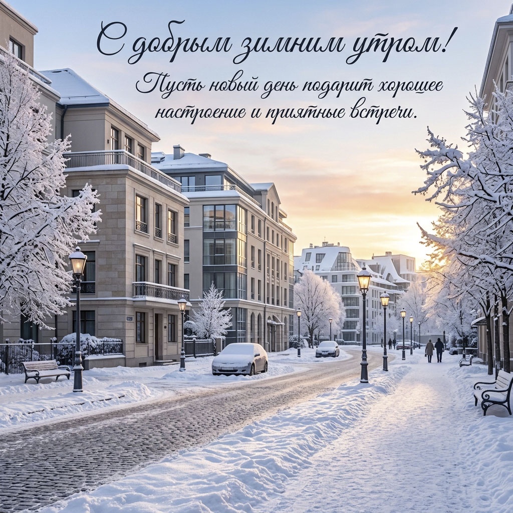 Открытка с заснеженной улицей, деревьями в инее, фонарями и текстом: "С добрым зимним утром! Пусть новый день подарит хорошее настроение и приятные встречи."