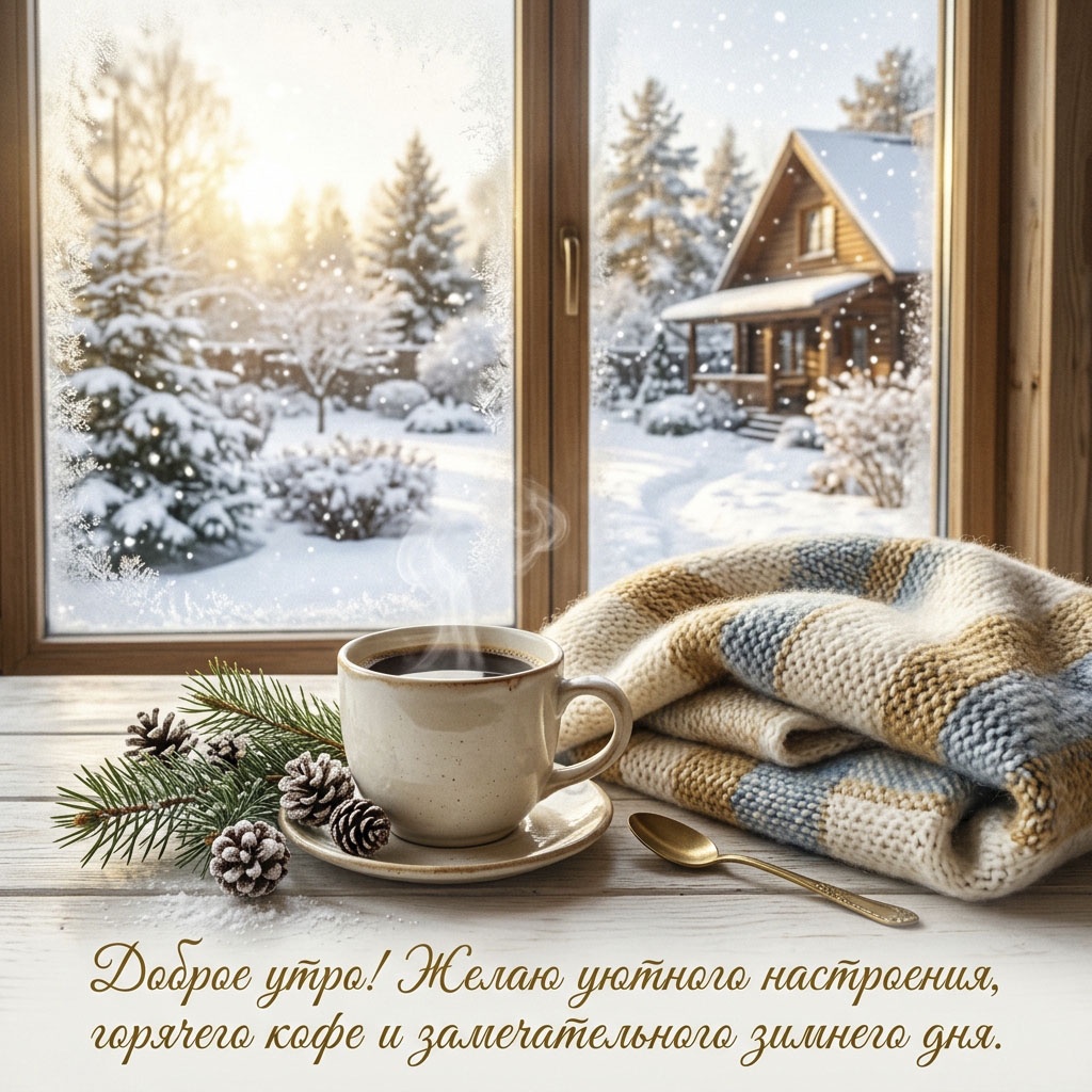 Открытка с чашкой кофе, вязаным пледом возле окна с видом на заснеженный домик и текстом: "Доброе утро! Желаю уютного настроения, горячего кофе и замечательного зимнего дня."
