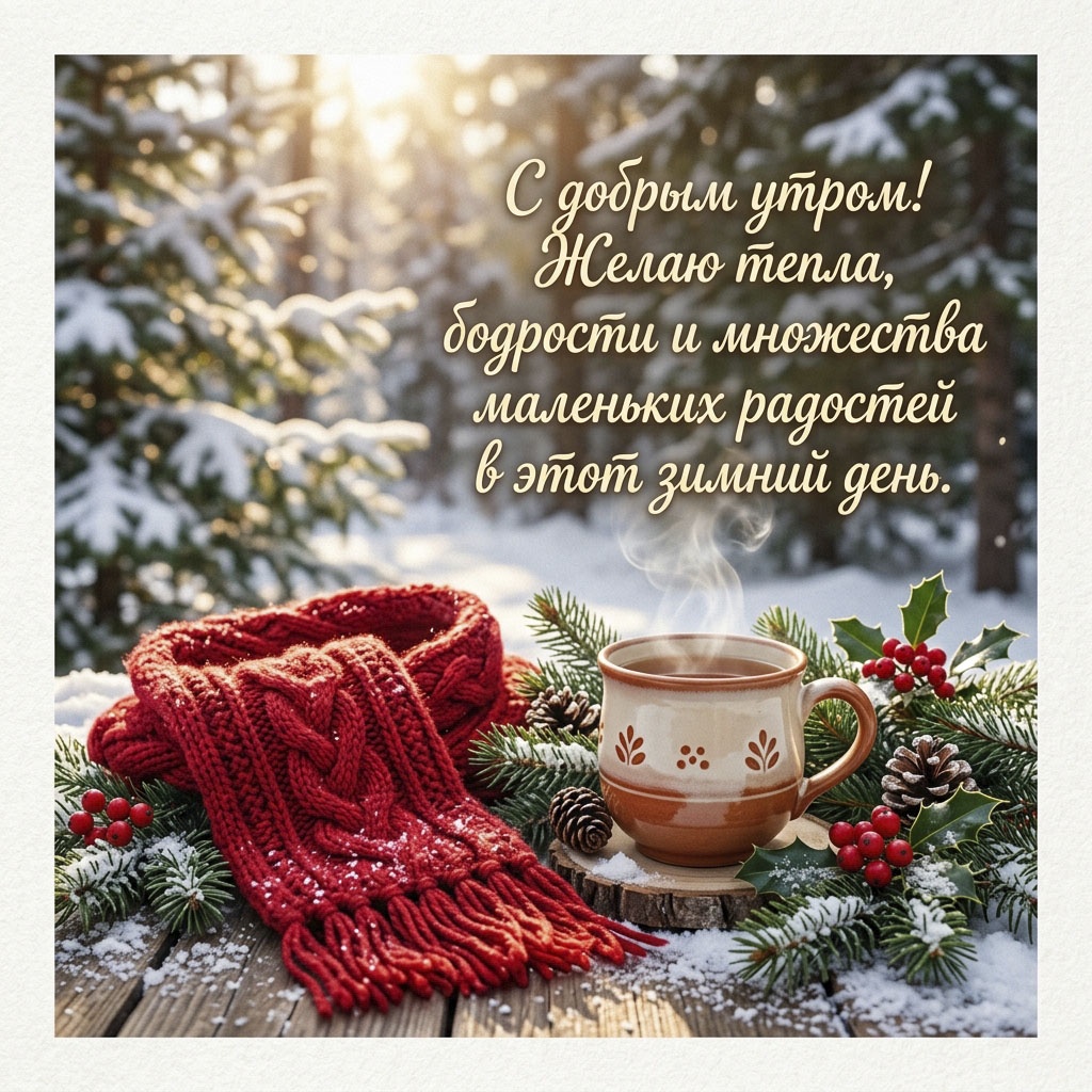 Открытка с шарфом, чашкой горячего чая, еловыми ветками на заснеженном столе и текстом: "С добрым утром! Желаю тепла, бодрости и множества маленьких радостей в этот зимний день."
