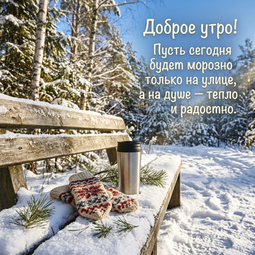 Открытка с шерстяными рукавицами, термокружкой на скамейке в зимнем лесу, с текстом: "Доброе утро! Пусть сегодня будет морозно только на улице, а на душе - тепло и радостно."