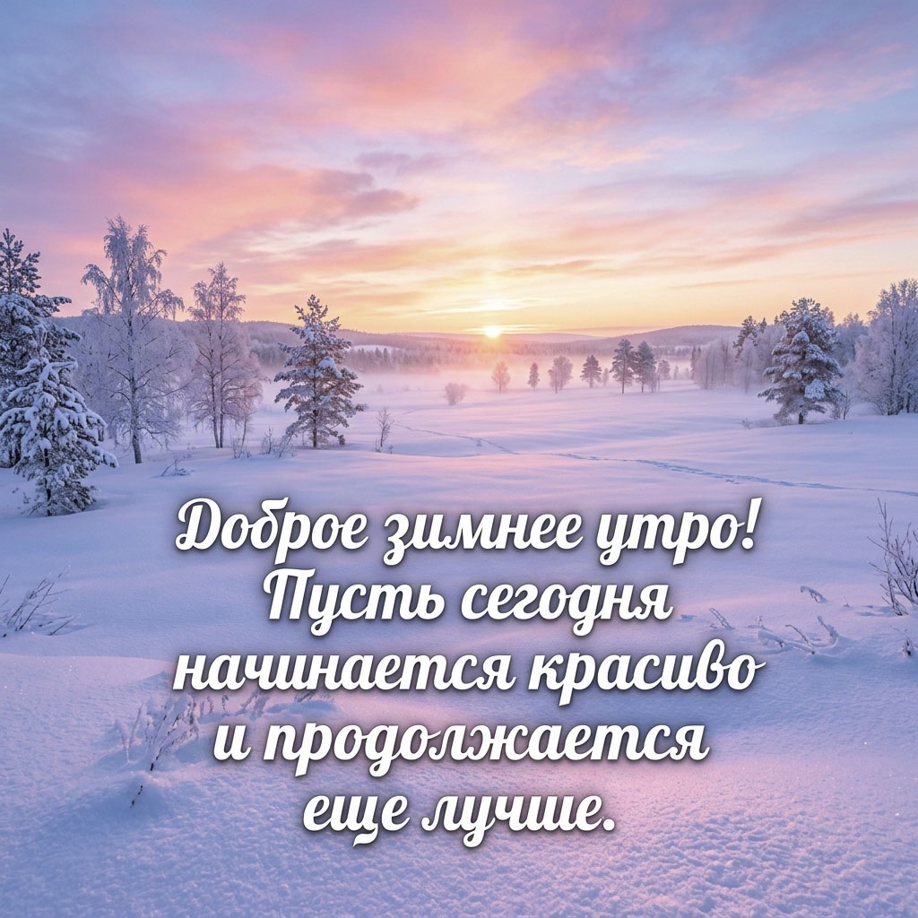Открытка с заснеженным полем, розово-золотым рассветом и текстом: "Доброе зимнее утро! Пусть сегодня начинается красиво и продолжается еще лучше."