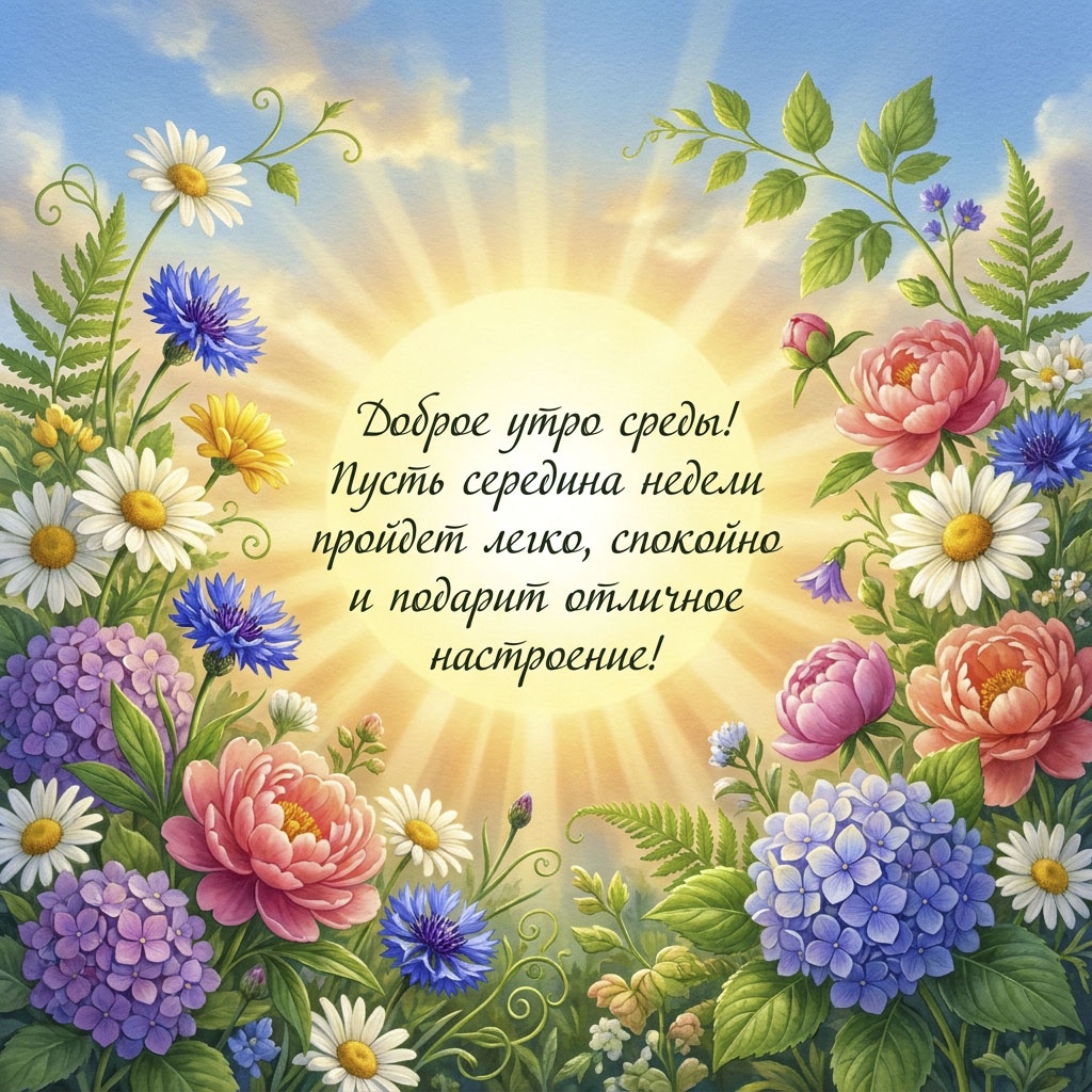 Открытка с ромашками, васильками, пионами и гортензиями вокруг солнца и текстом: "Доброе утро среды! Пусть середина недели пройдет легко, спокойно и подарит отличное настроение!"