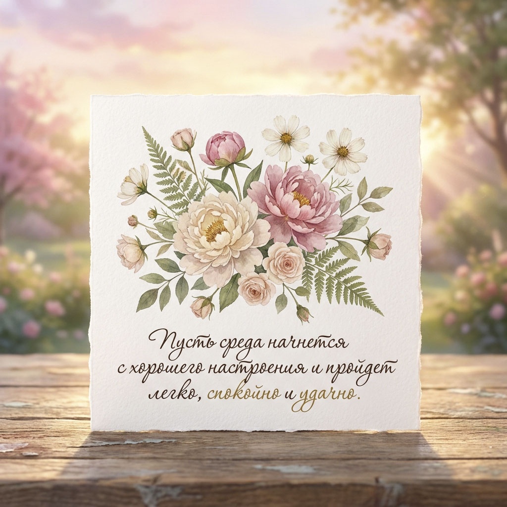 Художественная открытка с пионами, розами и папоротниками на фоне утреннего сада и текстом: "Пусть среда начнется с хорошего настроения и пройдет легко, спокойно и удачно."