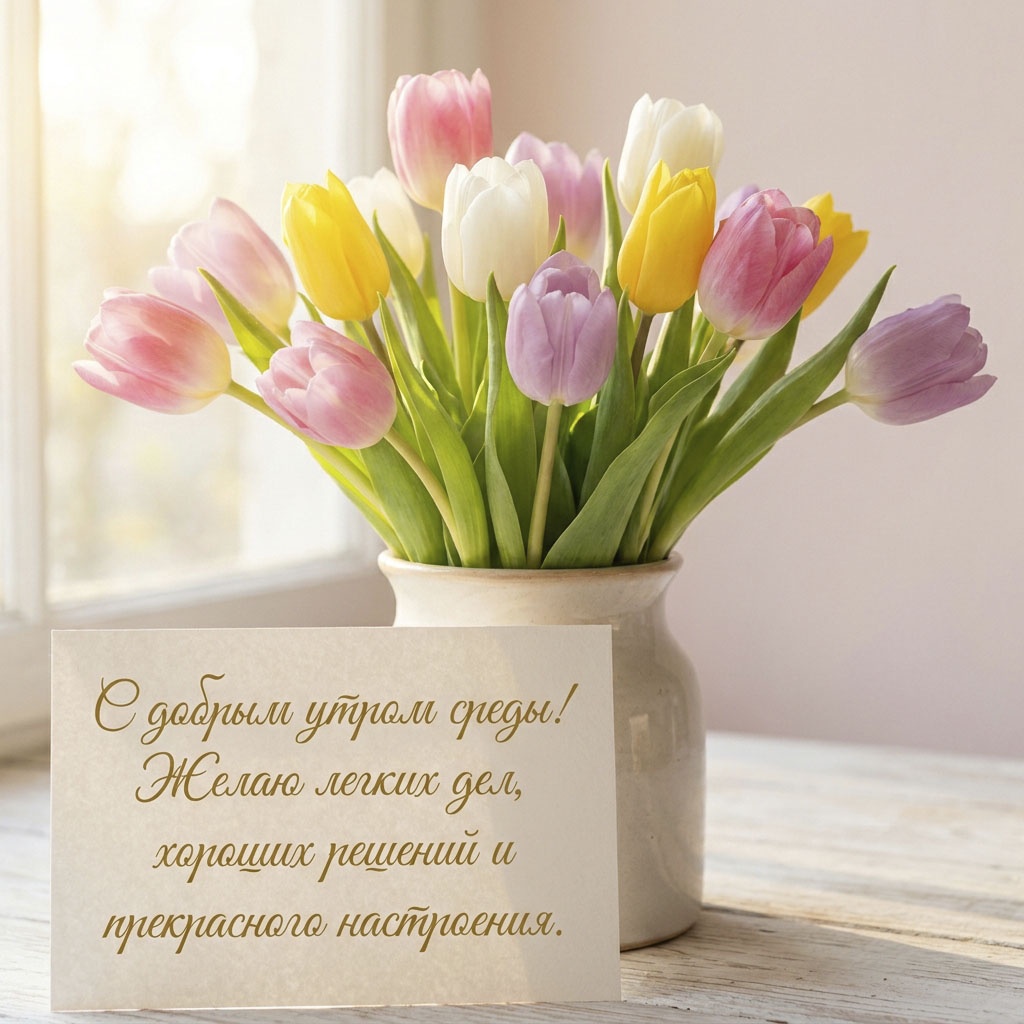 Открытка с букетом розовых, желтых и белых тюльпанов в вазе и текстом: "С добрым утром среды! Желаю легких дел, хороших решений и прекрасного настроения."