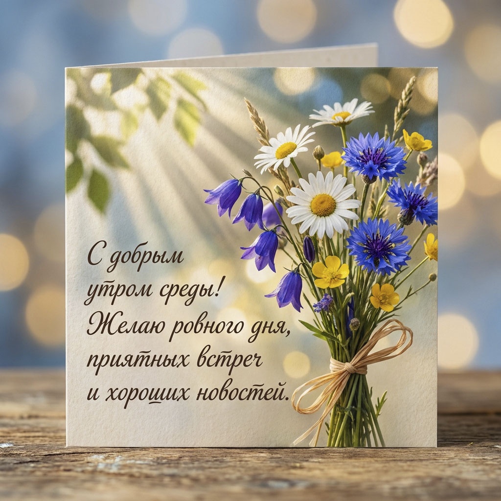 Открытка с букетом ромашек, васильков и колокольчиков, перевязанным лентой, и текстом: "С добрым утром среды! Желаю ровного дня, приятных встреч и хороших новостей."