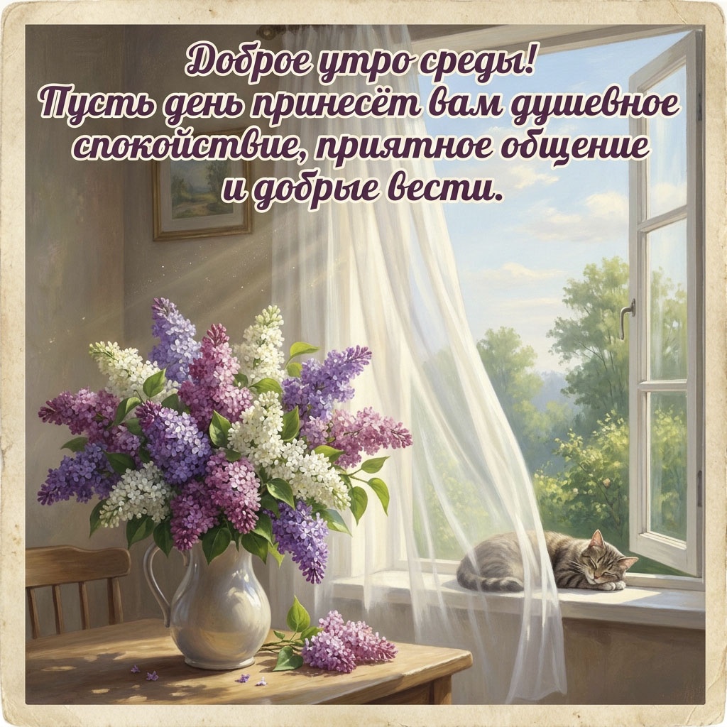 Открытка с букетом сирени на столе, спящим котом и текстом: "Доброе утро среды! Пусть день принесет вам душевное спокойствие, приятное общение и добрые вести."
