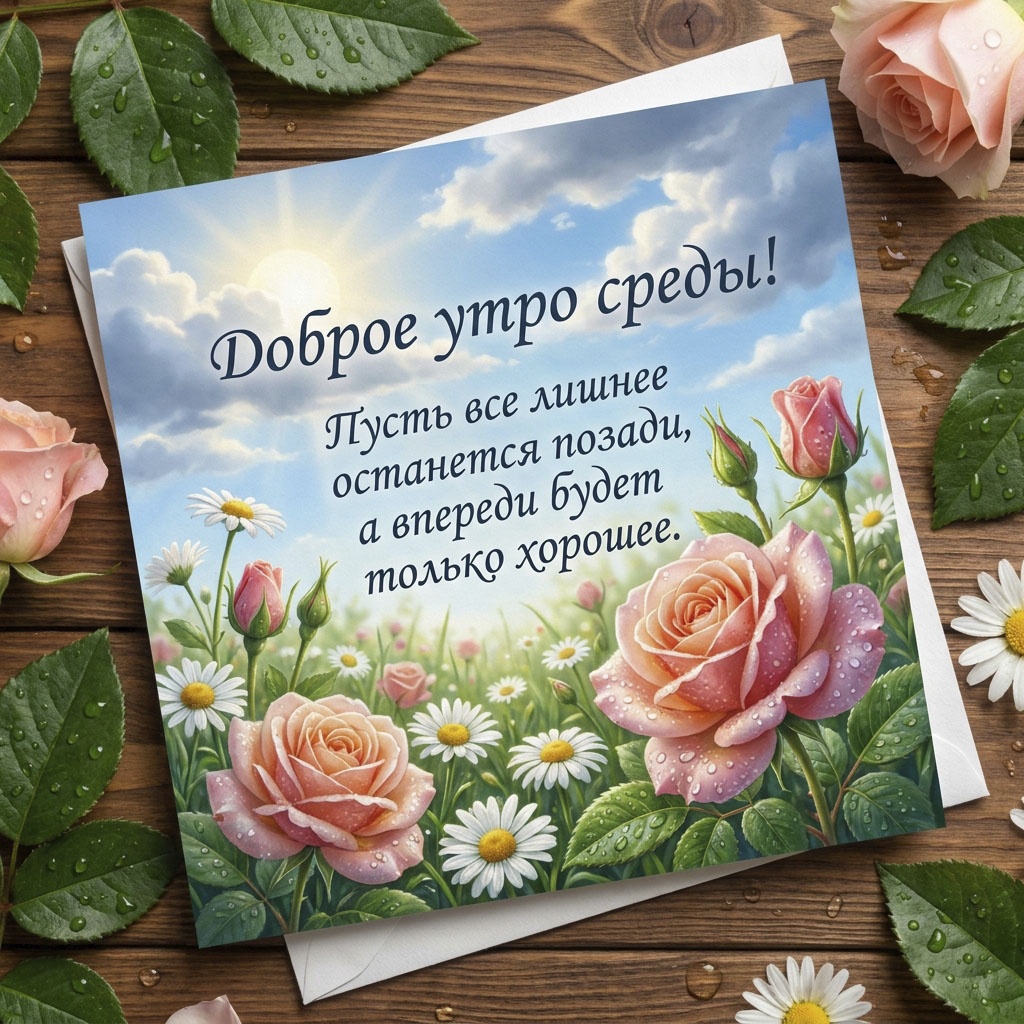 Открытка с розовыми розами на фоне облачного неба и текстом: "Доброе утро среды! Пусть все лишнее останется позади, а впереди будет только хорошее."
