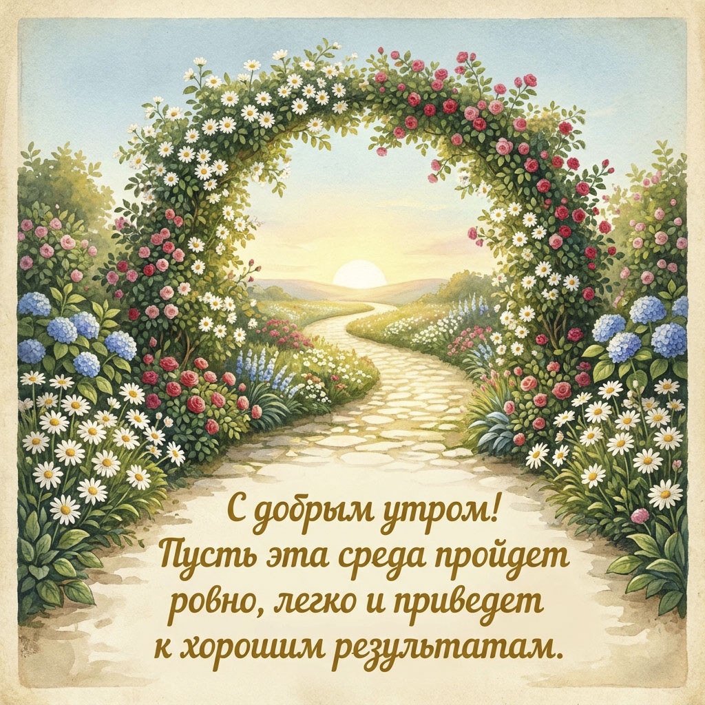Открытка с аркой из роз и ромашек и каменной дорожкой, с текстом: "С добрым утром! Пусть эта среда пройдет ровно, легко и приведет к хорошим результатам."