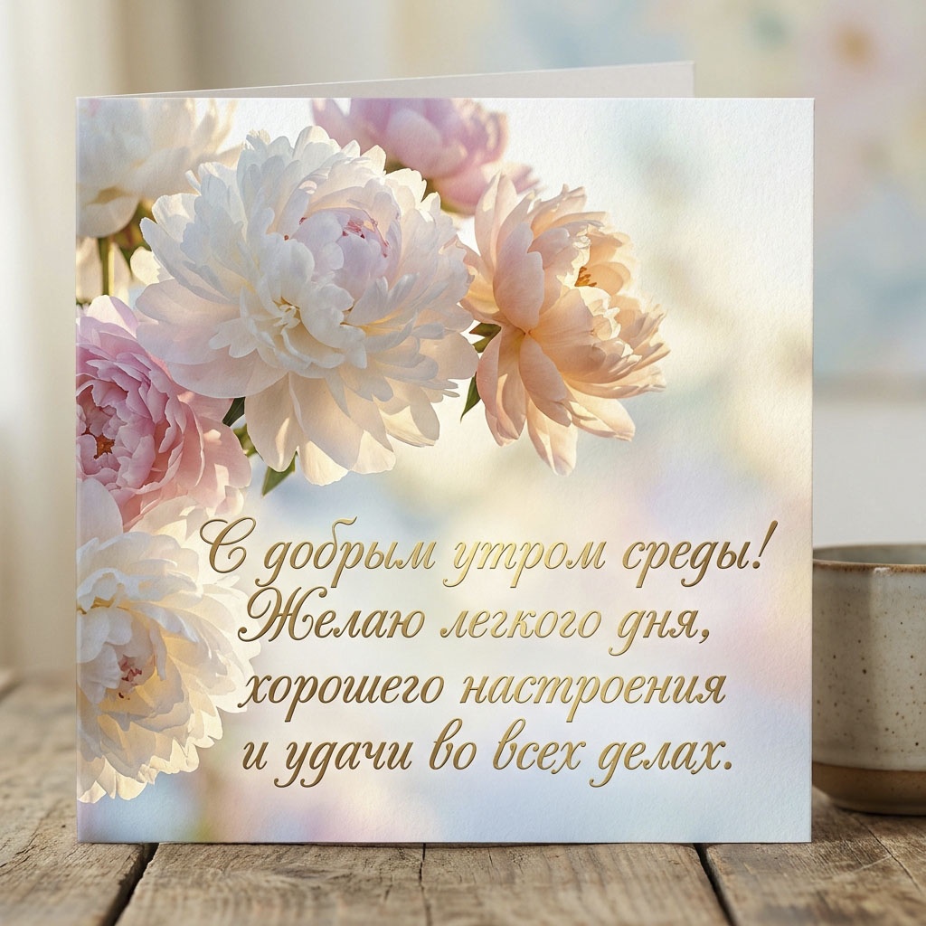 Открытка с кремовыми и розовыми пионами в мягком утреннем свете и текстом: "С добрым утром среды! Желаю легкого дня, хорошего настроения и удачи во всех делах."