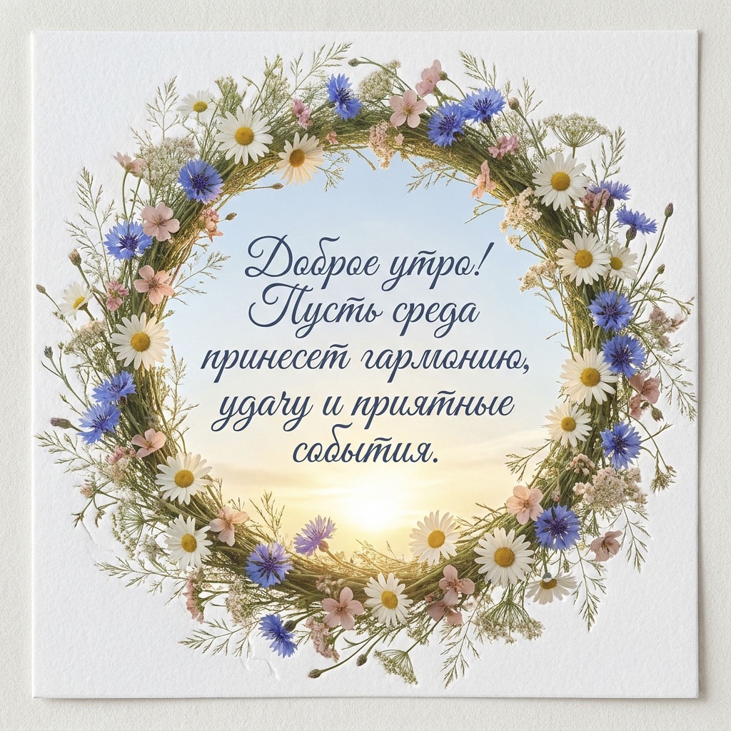 Открытка с венком из ромашек, васильков и луговых трав и текстом: "Доброе утро! Пусть среда принесет гармонию, удачу и приятные события".