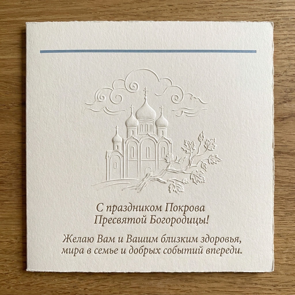 Открытка на плотной белой бумаге с текстурными храмом, облаком и веткой и текстом: "С праздником Покрова Пресвятой Богородицы! Желаю Вам и Вашим близким здоровья, мира в семье и добрых событий впереди."