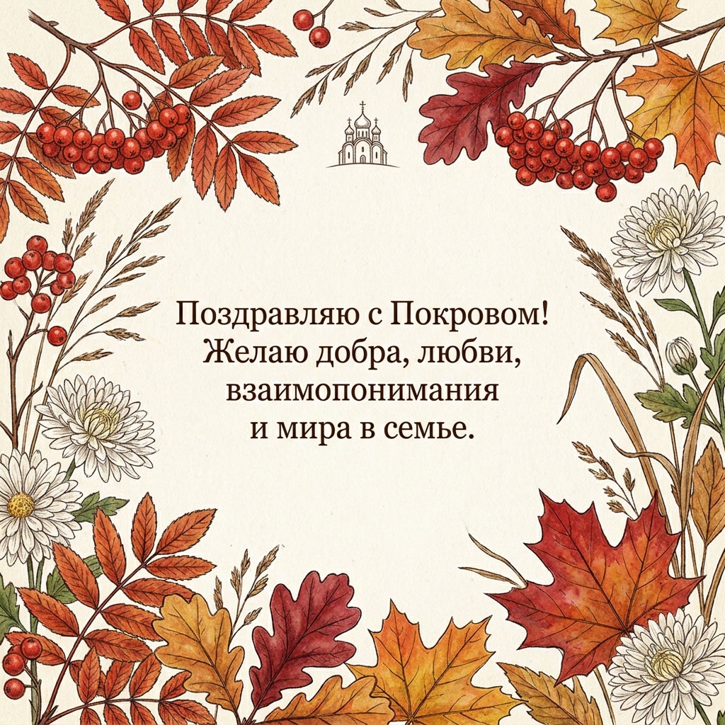 Открытка с рамкой из осенних листьев, силуэтом храма и текстом: "Поздравляю с Покровом! Желаю добра, любви, взаимопонимания и мира в семье."