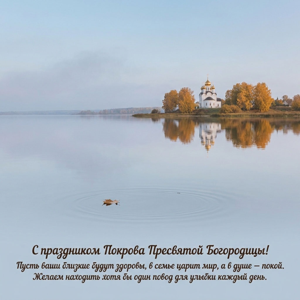 Открытка с белым храмом с золотыми куполами на берегу озера и текстом: "С праздником Покрова Пресвятой Богородицы! Пусть ваши близкие будут здоровы, в семье царит мир, а в душе - покой. Желаем находить хотя бы один повод для улыбки каждый день."