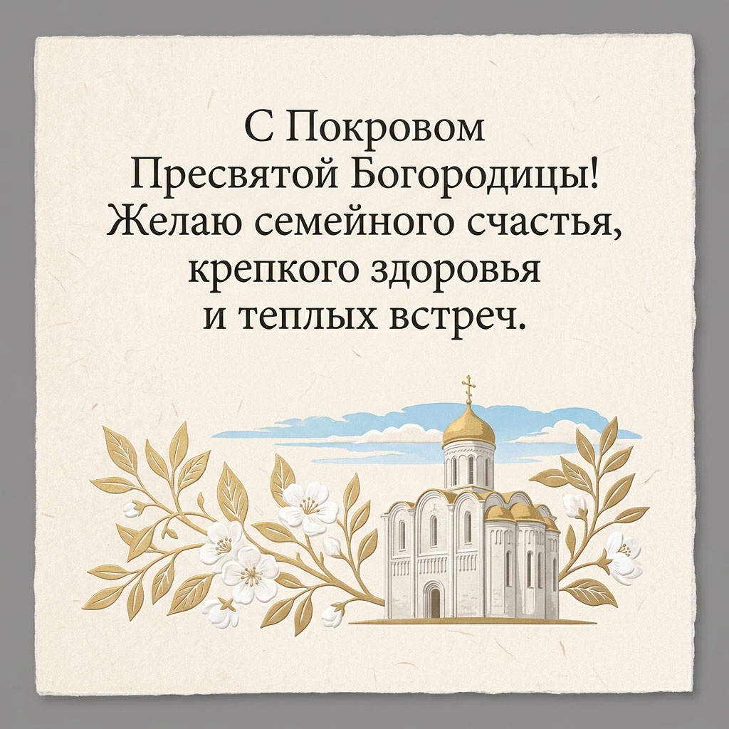 Открытка с храмом с позолоченным куполом, ветвями с белыми цветами и текстом: "С Покровом Пресвятой Богородицы! Желаю семейного счастья, крепкого здоровья и теплых встреч."