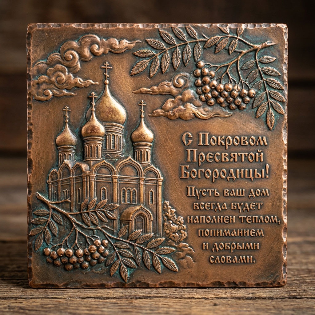 Открытка из бронзы с барельефом храма, облаками, рябиной и текстом: "С Покровом Пресвятой Богородицы! Пусть ваш дом всегда будет наполнен теплом, пониманием и добрыми словами."