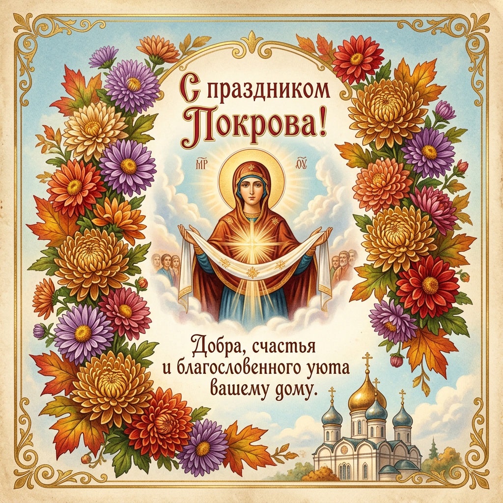 Открытка с образом Богородицы, хризантемами, храмом и текстом: "С праздником Покрова! Добра, счастья и благословенного уюта вашему дому."