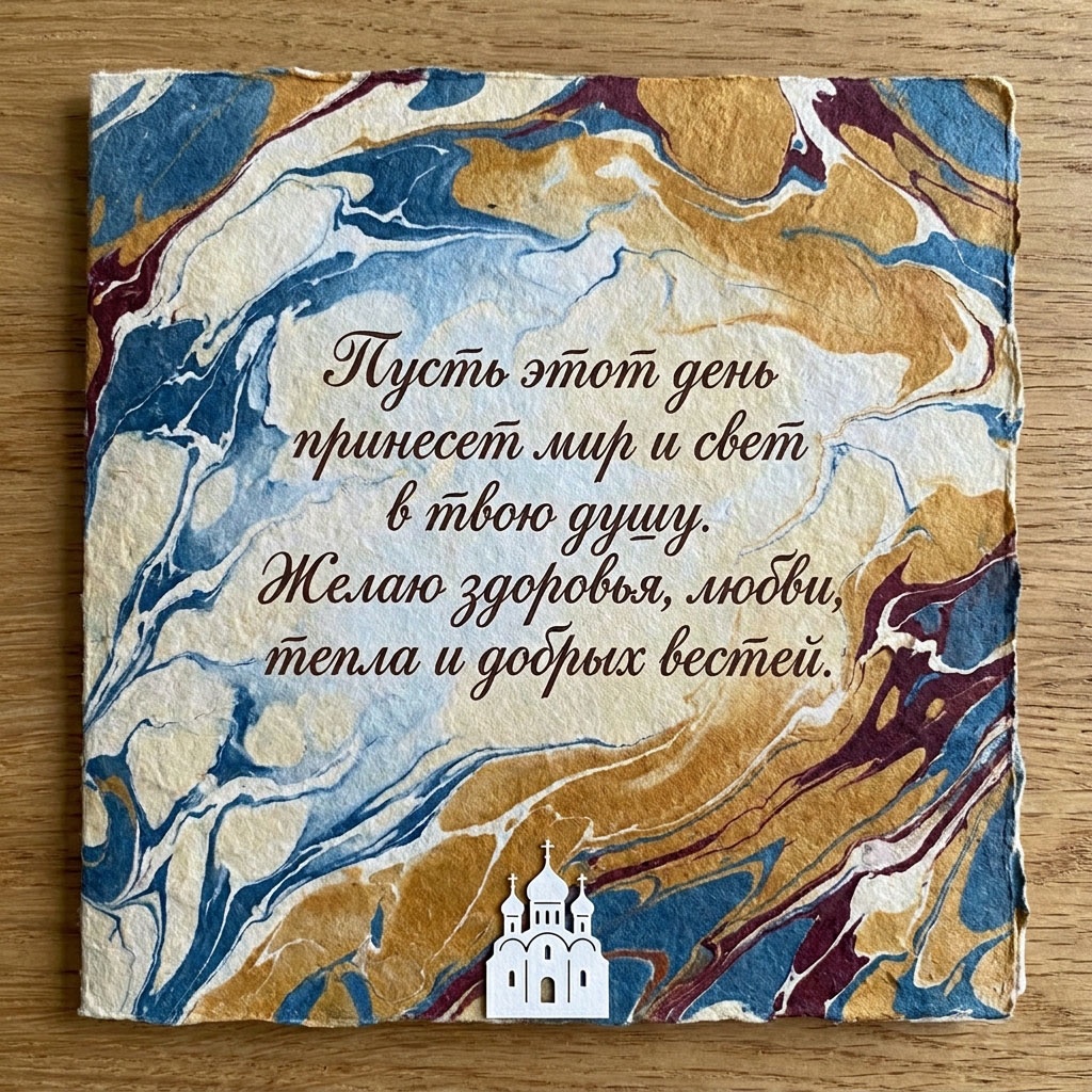Открытка с абстрактным мраморным узором, силуэтом храма и текстом: "Пусть этот день принесет мир и свет в твою душу. Желаю здоровья, любви, тепла и добрых вестей."