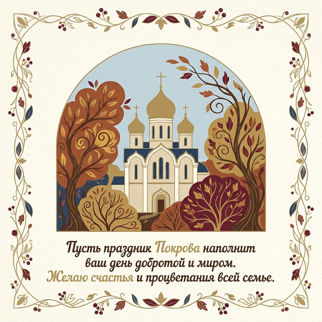 Открытка с храмом, деревьями и растительным орнаментом по краям, с текстом: "Пусть праздник Покрова наполнит ваш день добротой и миром. Желаю счастья и процветания всей семье."