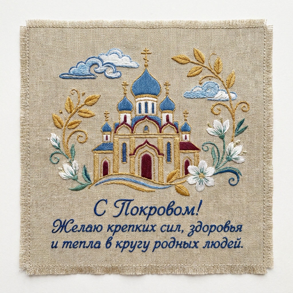 Открытка на льняной ткани с вышитым нитками храмом, цветочным узором и текстом: "С Покровом! Желаю крепких сил, здоровья и тепла в кругу родных людей."