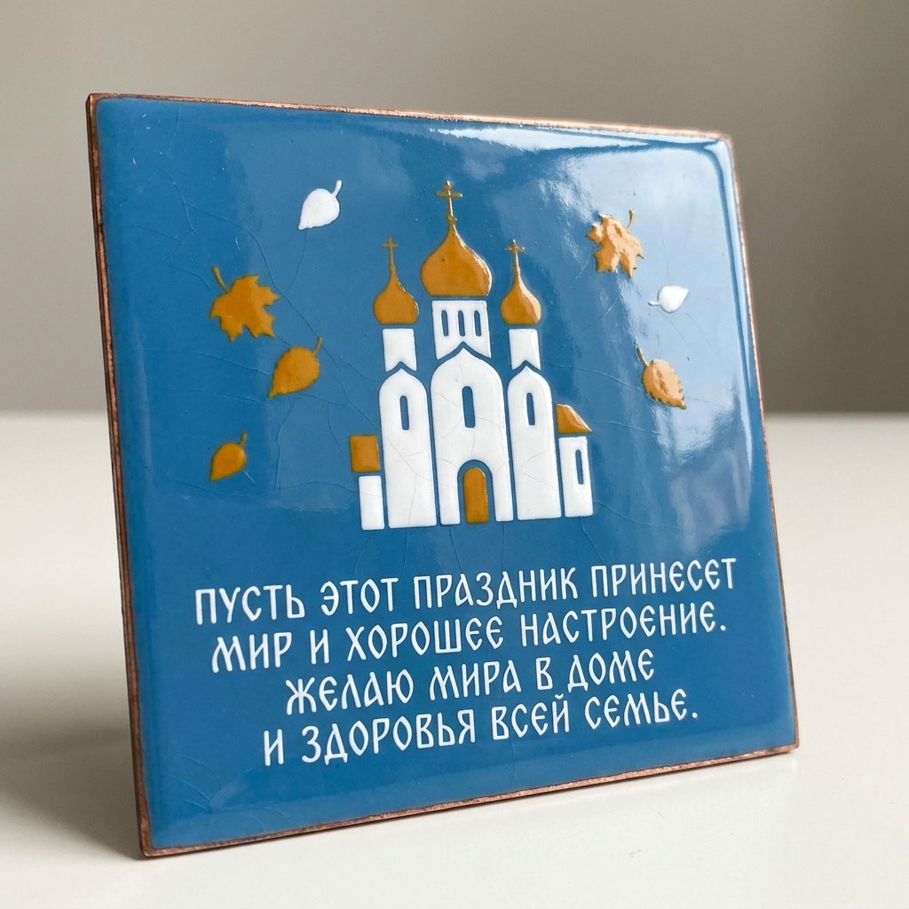 Керамическая открытка с белым храмом, летящими листьями на синем фоне и текстом: "Пусть этот праздник принесет мир и хорошее настроение. Желаю мира в доме и здоровья всей семье."