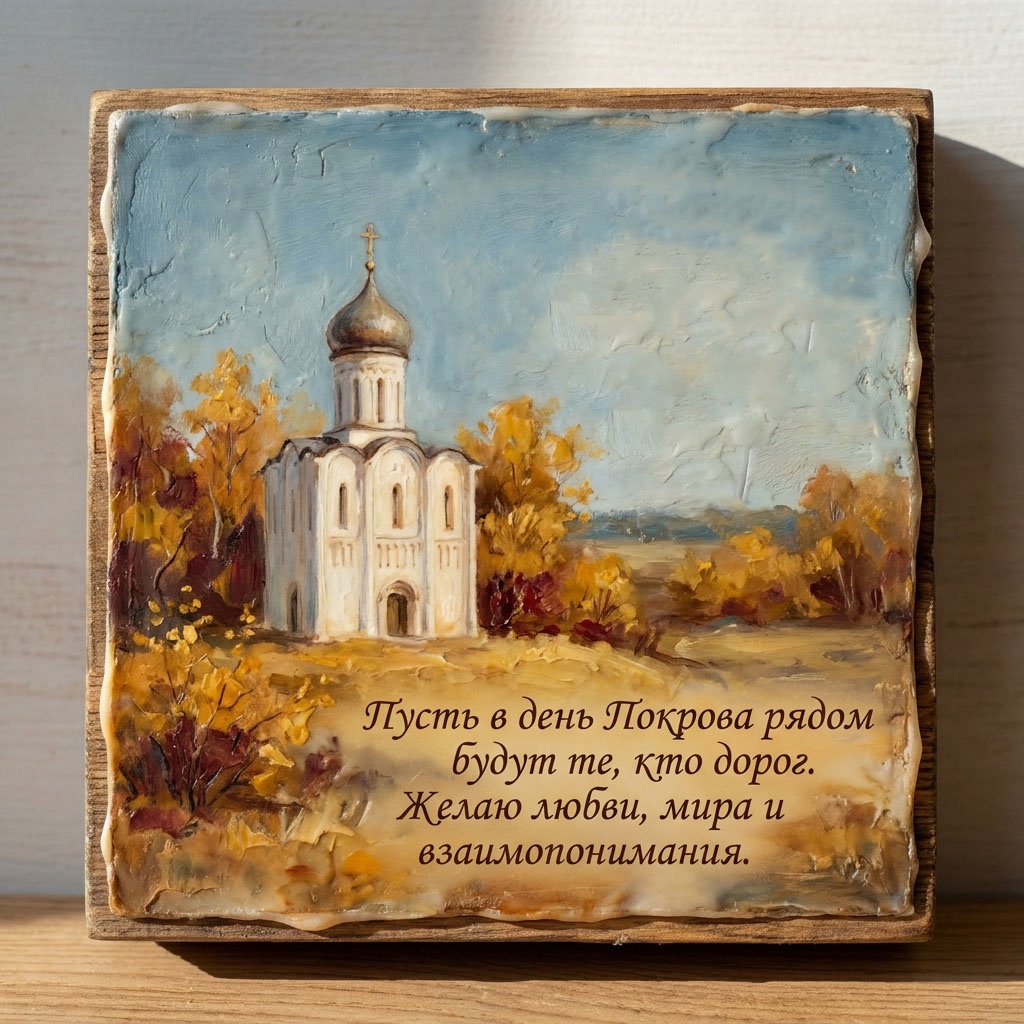 Открытка, написанная маслом, с белым храмом, деревьями и текстом: "Пусть в день Покрова рядом будут те, кто дорог. Желаю любви, мира и взаимопонимания."