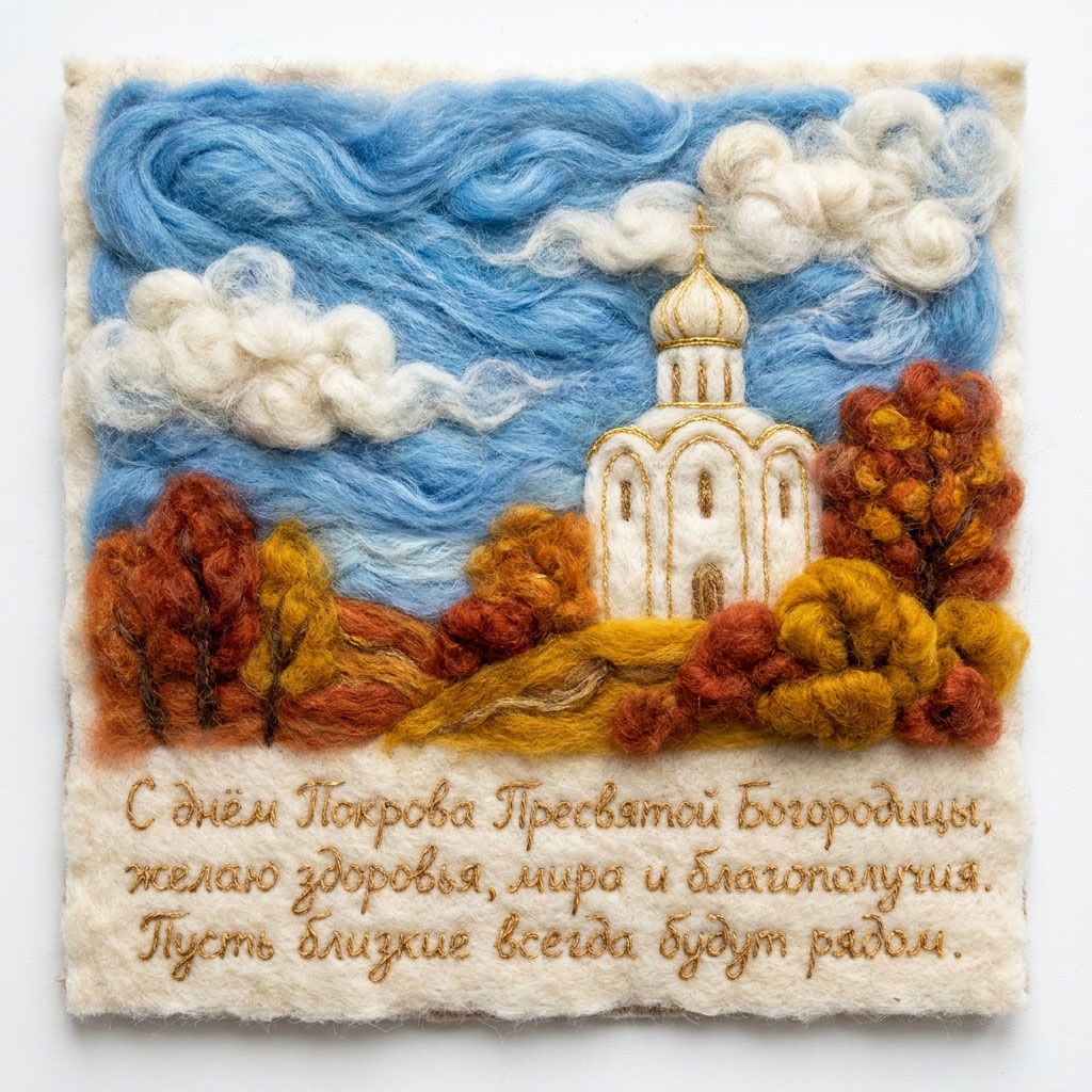 Открытка в технике валяния из шерсти с белым храмом, осенними деревьями и текстом: "С днем Покрова Пресвятой Богородицы, желаю здоровья, мира и благополучия. Пусть близкие всегда будут рядом."