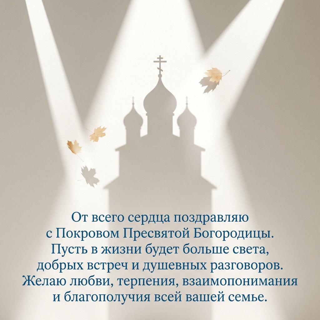 Открытка с тенью церкви в лучах света, летящими кленовыми листьями и текстом: "От всего сердца поздравляю с Покровом Пресвятой Богородицы. Пусть в жизни будет больше света, добрых встреч и душевных разговоров. Желаю любви, терпения, взаимопонимания и благополучия всей вашей семье."