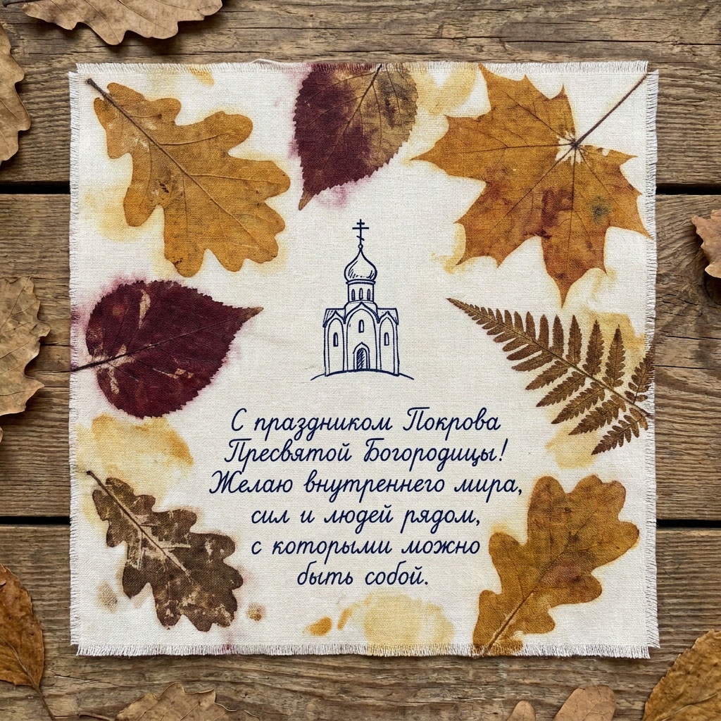 Тканевая открытка с отпечатками дубовых и кленовых листьев, контуром храма и текстом: "С праздником Покрова Пресвятой Богородицы! Желаю внутреннего мира, сил и людей рядом, с которыми можно быть собой."