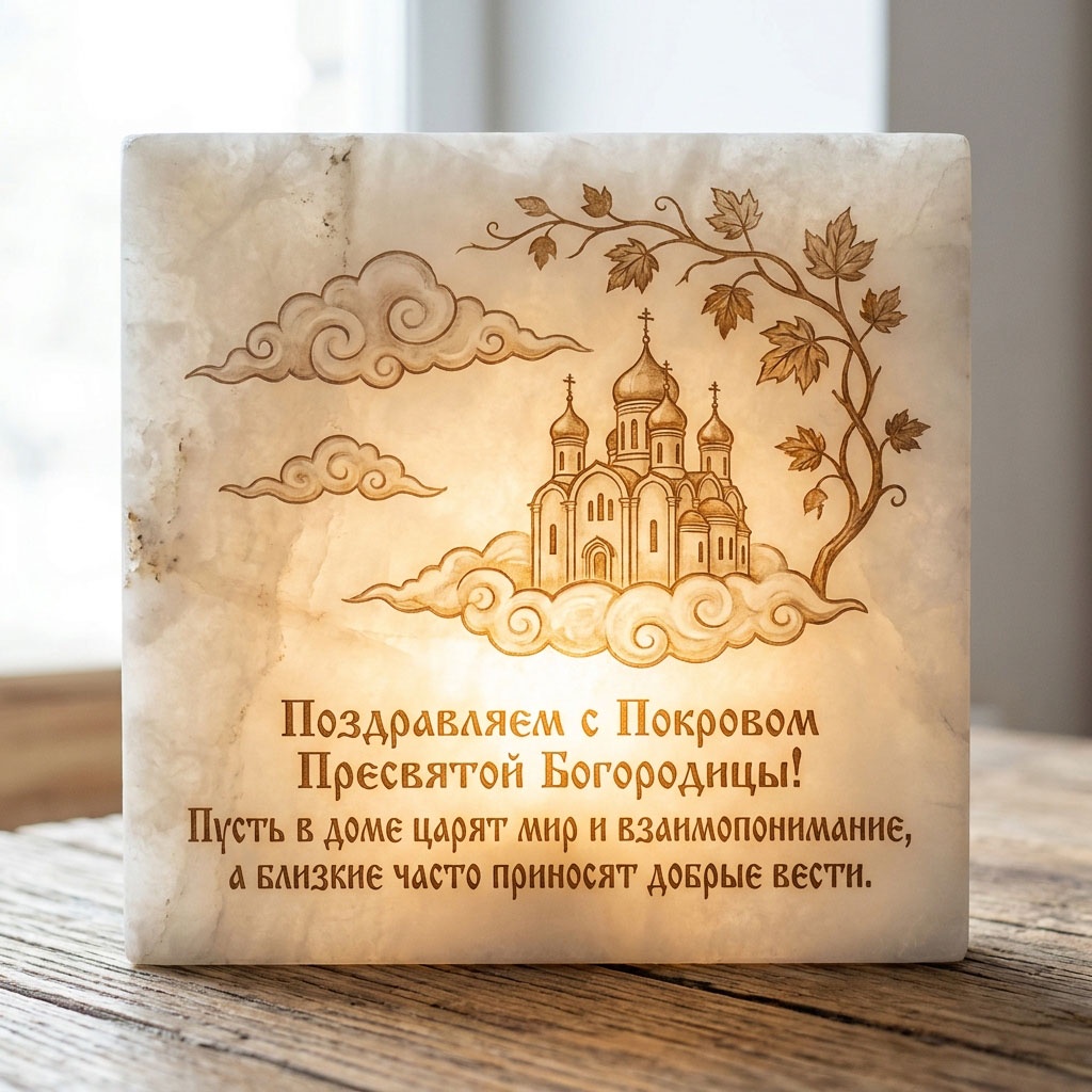 Открытка с гравированным храмом, облаками и ветвями на мраморной плитке и текстом: "Поздравляем с Покровом Пресвятой Богородицы! Пусть в доме царят мир и взаимопонимание, а близкие часто приносят добрые вести."