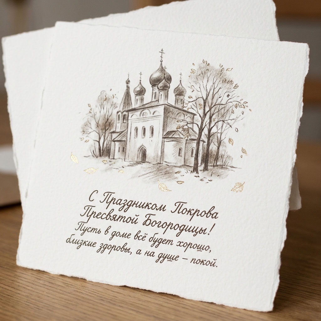 Открытка с карандашным рисунком храма, позолоченными листьями и текстом: "С Праздником Покрова Пресвятой Богородицы! Пусть в доме все будет хорошо, близкие здоровы, а на душе - покой."