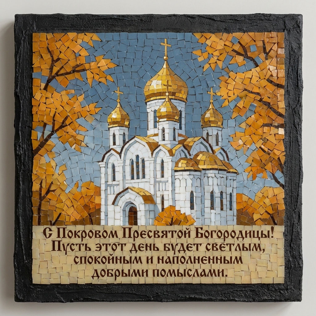 Открытка-мозаика с белым храмом в осеннем пейзаже и текстом: "С Покровом Пресвятой Богородицы! Пусть этот день будет светлым, спокойным и наполненным добрыми помыслами."