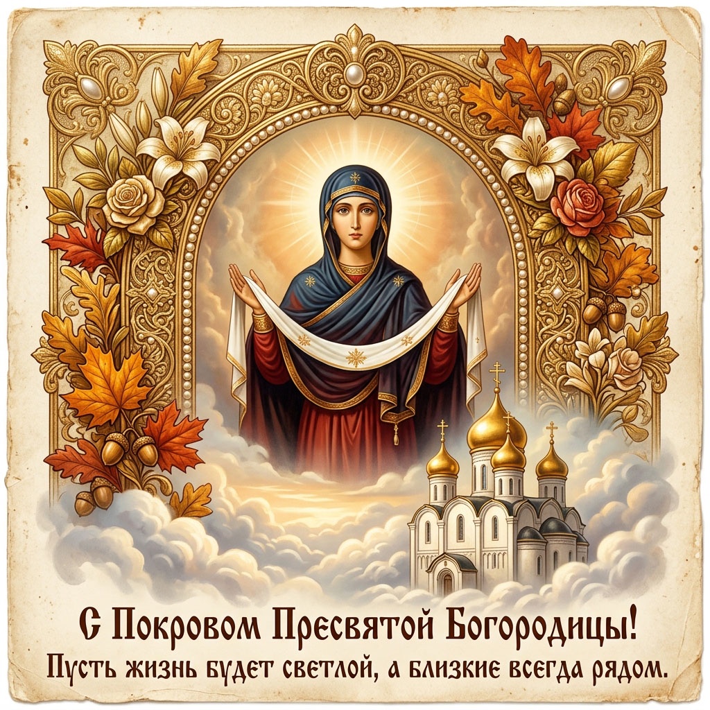 Открытка с образом Богородицы, храмом в облаках и текстом: "С Покровом Пресвятой Богородицы! Пусть жизнь будет светлой, а близкие всегда рядом."