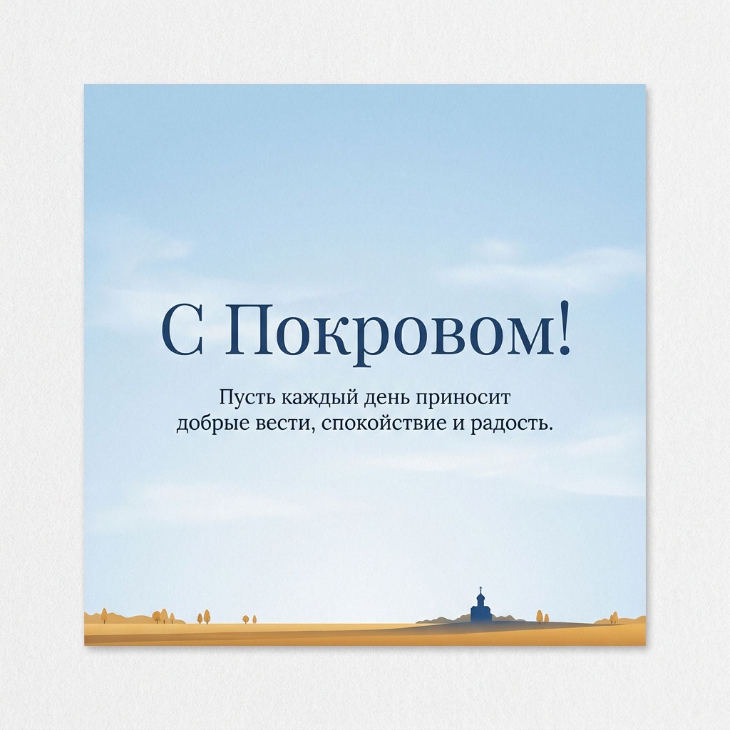 Минималистичная открытка с силуэтом храма на горизонте, полем и небом, с текстом: "С Покровом! Пусть каждый день приносит добрые вести, спокойствие и радость."