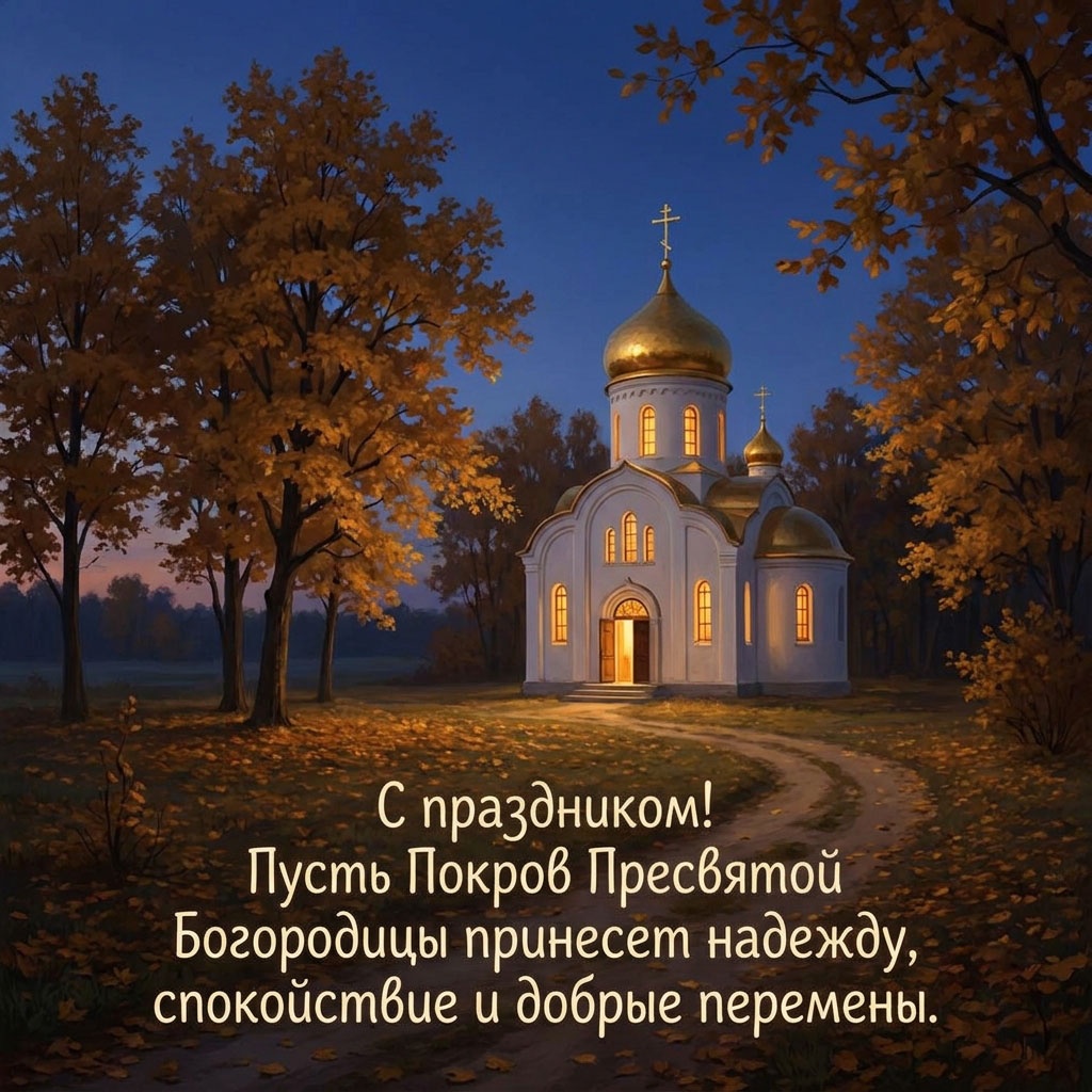 Открытка с белым храмом с золотым куполом среди осенних деревьев в вечерних сумерках и текстом: "С праздником! Пусть Покров Пресвятой Богородицы принесет надежду, спокойствие и добрые перемены."