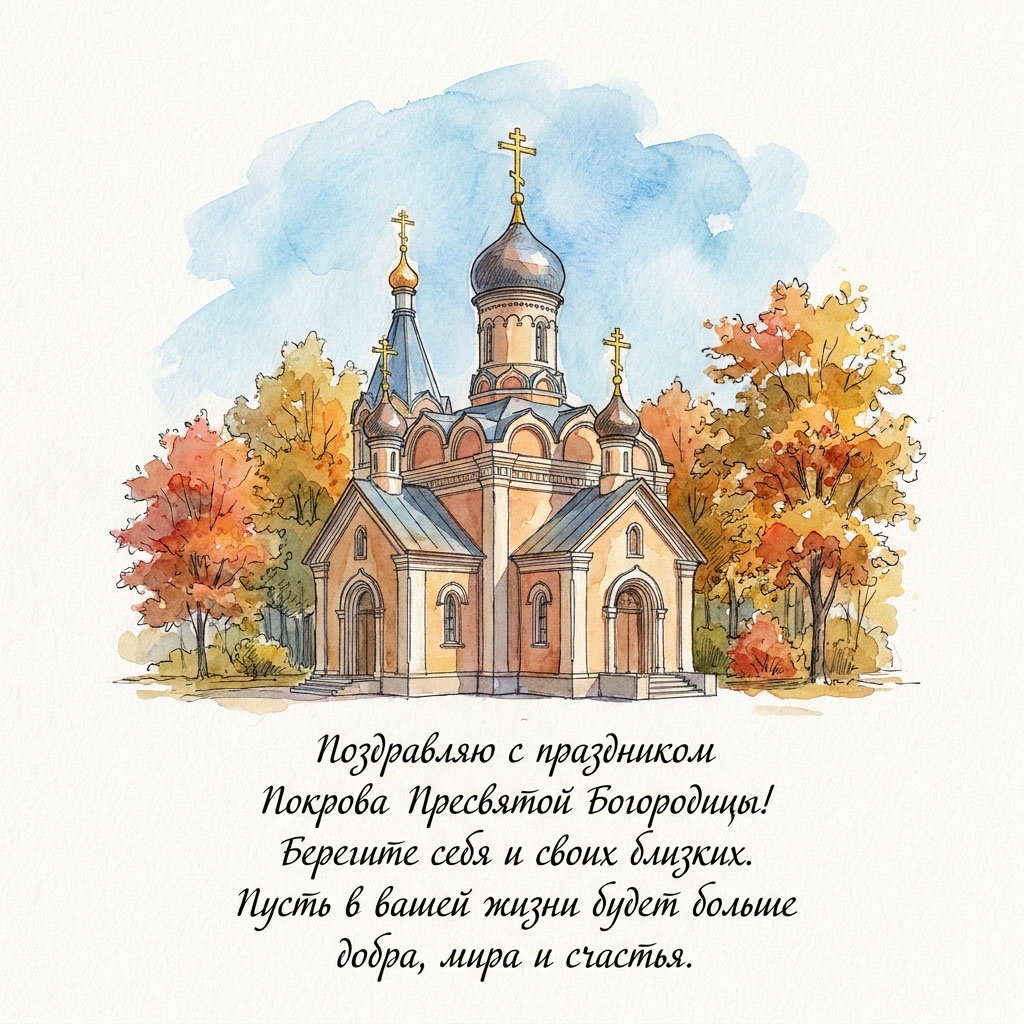 Акварельная открытка с бежевым храмом среди осенних деревьев и текстом: "Поздравляю с праздником Покрова Пресвятой Богородицы! Берегите себя и своих близких. Пусть в вашей жизни будет больше добра, мира и счастья."