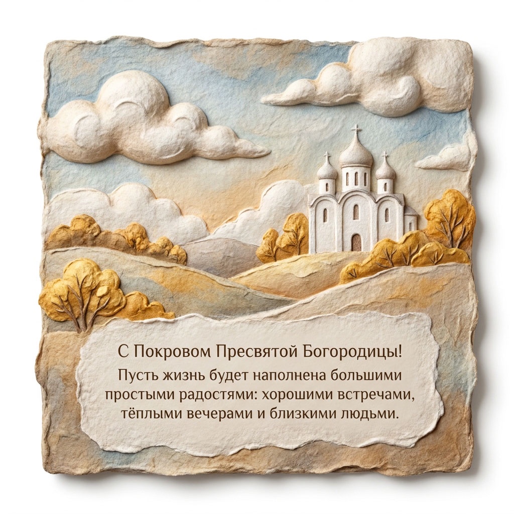 Открытка в технике бумажной скульптуры с церковью на холме, осенними деревьями и текстом: "С Покровом Пресвятой Богородицы! Пусть жизнь будет наполнена большими простыми радостями: хорошими встречами, теплыми вечерами и близкими людьми."