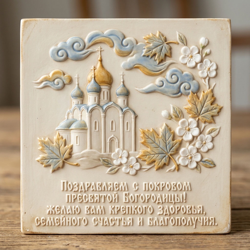 Открытка с рельефным храмом, узором из цветов и облаков и текстом: "Поздравляем с Покровом Пресвятой Богородицы! Желаю вам крепкого здоровья, семейного счастья и благополучия."
