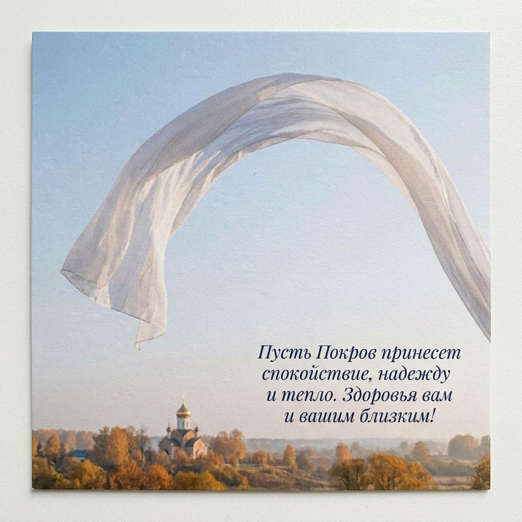 Открытка с развевающимся белым покровом в небе, храмом и осенними деревьями внизу, с текстом: "Пусть Покров принесет спокойствие, надежду и тепло. Здоровья вам и вашим близким!"