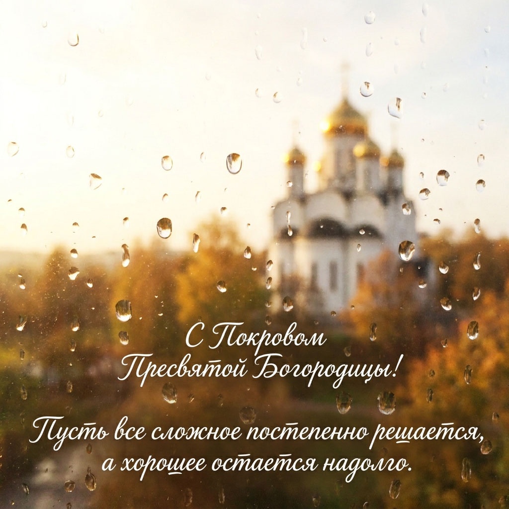 Открытка с храмом в осеннем пейзаже и текстом: "С Покровом Пресвятой Богородицы! Пусть все сложное постепенно решается, а хорошее остается надолго."