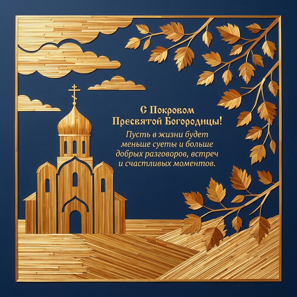 Открытка с храмом, облаками и ветвями, выложенными из деревянных реек на синем фоне, с текстом: "С Покровом Пресвятой Богородицы! Пусть в жизни будет меньше суеты и больше добрых разговоров, встреч и счастливых моментов."