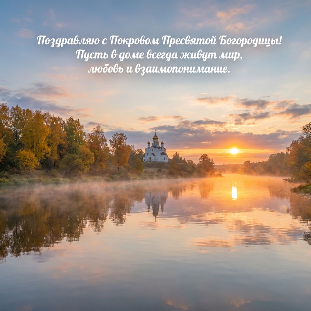Открытка с белым храмом на берегу реки в утреннем тумане, деревьями и текстом: "Поздравляю с Покровом Пресвятой Богородицы! Пусть в доме всегда живут мир, любовь и взаимопонимание."