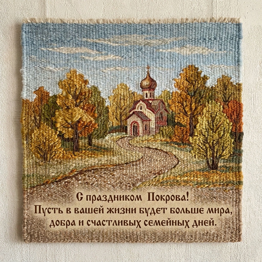 Тканая открытка с тропинкой к храму в лесу и текстом: "С праздником Покрова! Пусть в вашей жизни будет больше мира, добра и счастливых семейных дней."
