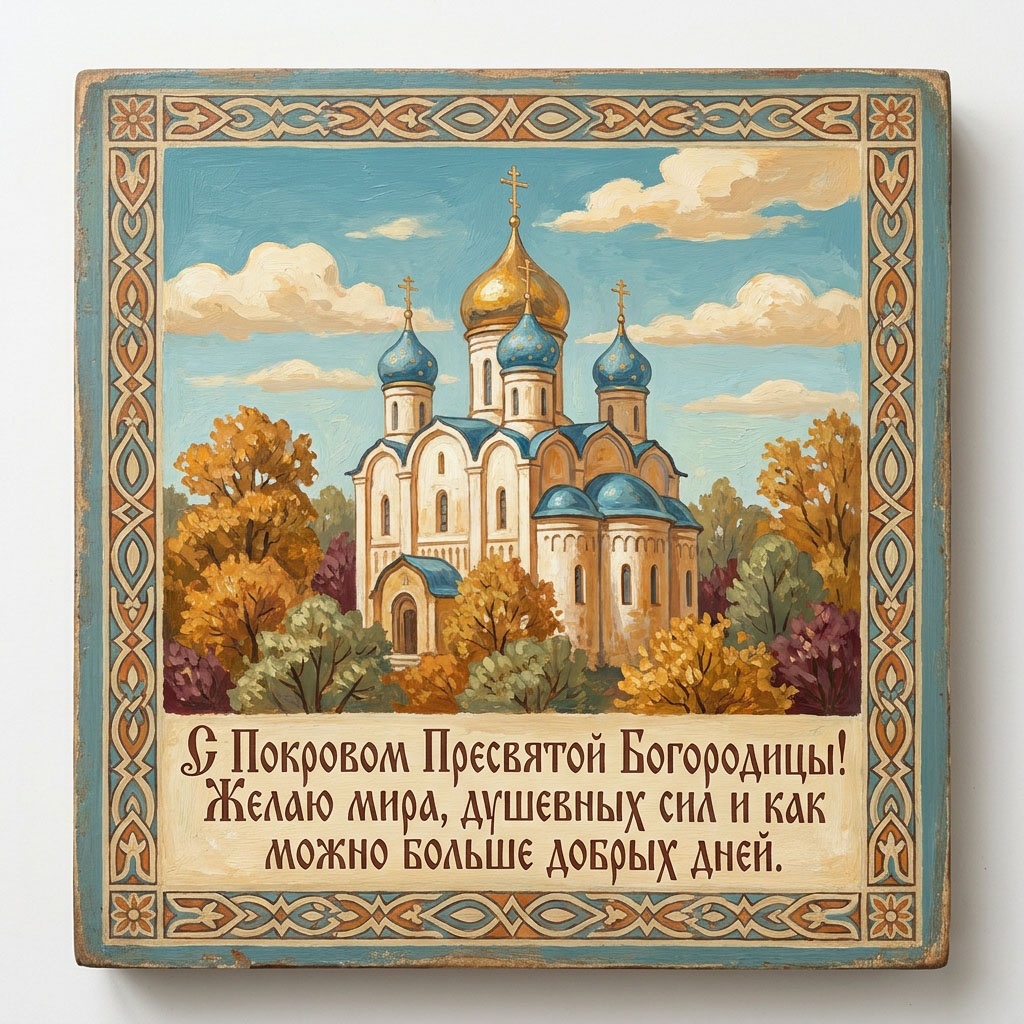 Глиняная открытка с храмом с синими и золотыми куполами в осеннем пейзаже, в орнаментальной рамке, с текстом: "С Покровом Пресвятой Богородицы! Желаю мира, душевных сил и как можно больше добрых дней."