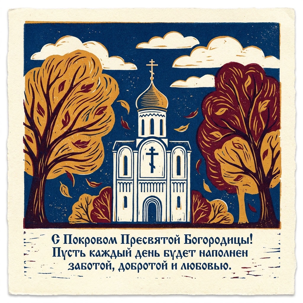 Открытка в стиле линогравюры с белым храмом, облаками на синем фоне и текстом: "С Покровом Пресвятой Богородицы! Пусть каждый день будет наполнен заботой, добротой и любовью."